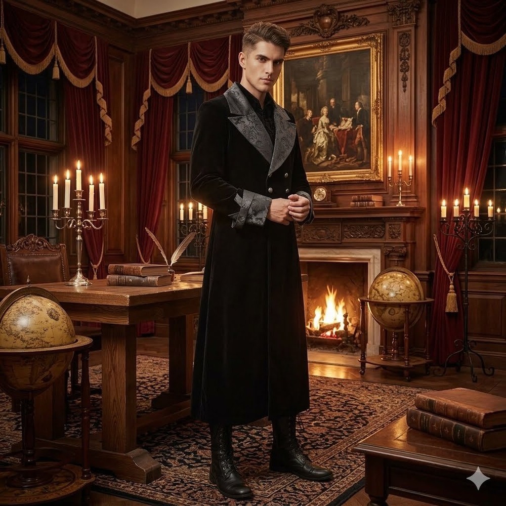Spirit Halloween Trench Coat Mens XL Black Velvet Victorian Gothic Vampire Coat
